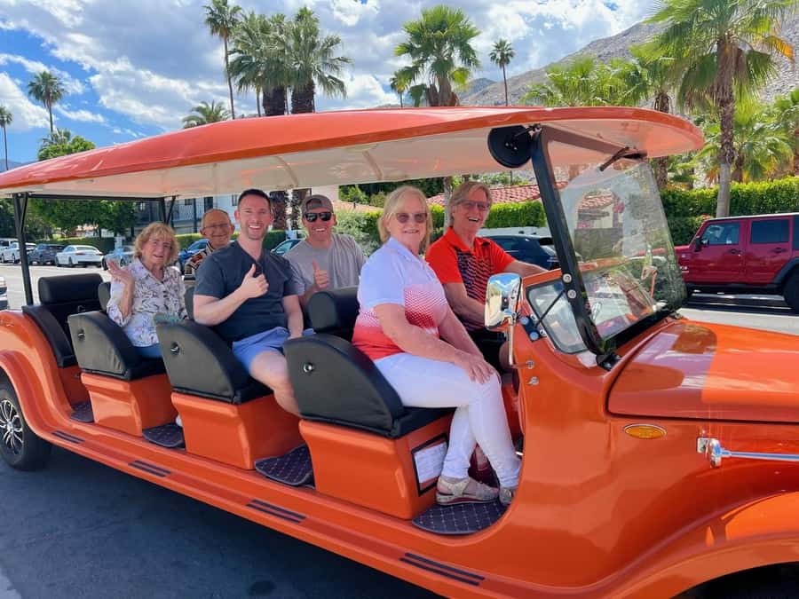 Palm Springs Tour from an open air 6 Passenger Golf Cart - Why the orange cart is the right way to see Palm Springs